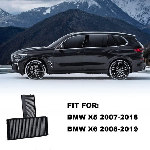 Cabin Air Filter For BMW X5 2007 2018 And X6 2008 2019 Drop-In Replacement shown with BMW SUV against mountain backdrop.