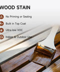 A Super Slick Water Based Wood Stain And Sealer In One Dark Oak Shade with brush applying stain on wooden surface.