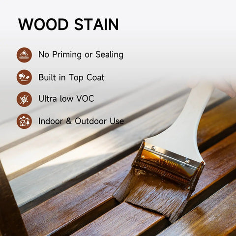 A Super Slick Water Based Wood Stain And Sealer In One Dark Oak Shade with brush applying stain on wooden surface.