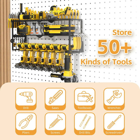 Heavy Duty Metal Garage Power Tool Organizer Wall Mount Three Layer Drill Holder For Cordless Tools 150 Pound Capacity Easy 15 Minute Install Quick Mount Shelf For Shop Organization And Storage installed on a pegboard wall with various tools organized.