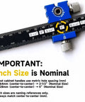 Professional Cabinet Hardware Jig With Micro Adjustment Slider And Drill Bit Storage For Nailing Drawer Pull Placement Right On The Money Smooth DIY woodworking alignment tool, close-up of measurement scales in inches and millimeters.