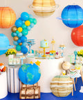 Eight Pack 12 Inch Space Paper Lanterns With Hanging Planets, Two Sizes, Out Of This World Solar System Theme Party Decorations