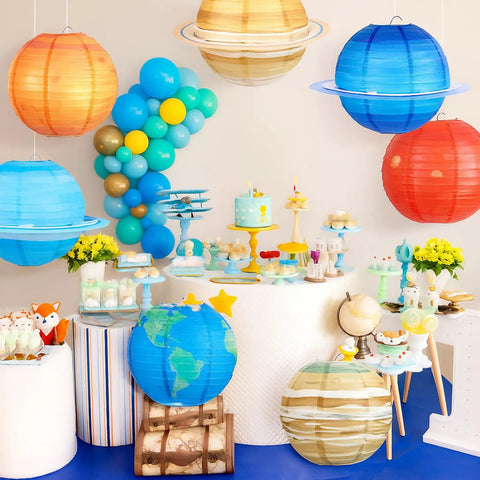 Eight Pack 12 Inch Space Paper Lanterns With Hanging Planets, Two Sizes, Out Of This World Solar System Theme Party Decorations