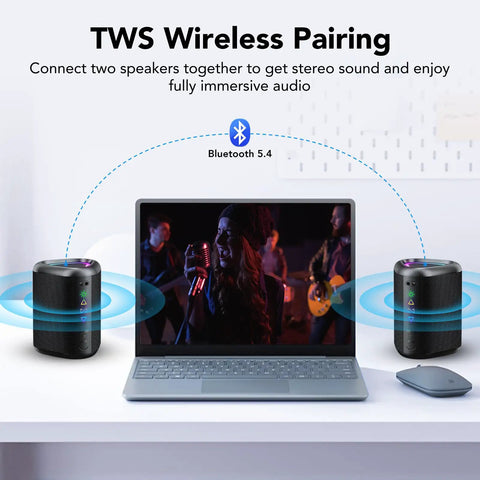 Portable Bluetooth Speaker With Led Light And Outdoor Ready Design Delivers Deep Bass And Beast Mode Power With 24 Hour Playtime IPX7 Waterproof paired with laptop