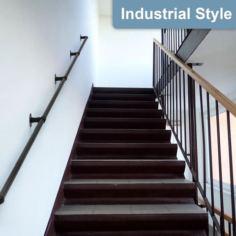 14 Ft Heavy Duty Pipe Stair Handrail Built Like A Tank Black Metal Railing With Powder Coat Finish For Indoor Outdoor Corner Steps Lofts And Balconies No Sweat Install on industrial-style stairs.
