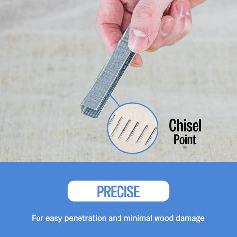 No Fuss Heavy Duty 21 Gauge Half Inch Crown Upholstery Staples 304 Stainless Steel showing chisel point for easy penetration.
