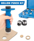 Pro Grade 13 Size Hollow Punch Kit For Leather Rubber Plastic And Gasket Easy Grip Handle in use on cardboard