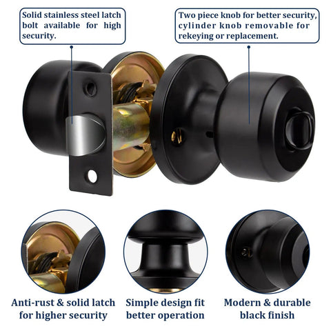 10 Pack Matte Black Door Knobs For Privacy Or Passage Doors With Keyless Doorknob Bedroom Or Bathroom Door Hardware Easy Install Includes Lockset Handle And Instructions showing security features.