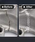 Side-by-side comparison before and after repair using Low Temperature Flux Core Welding Rods Kit, Melt With Just a Lighter, Not a Torch.