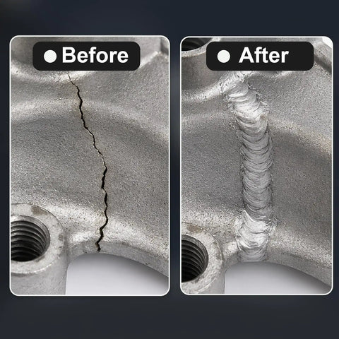 Side-by-side comparison before and after repair using Low Temperature Flux Core Welding Rods Kit, Melt With Just a Lighter, Not a Torch.