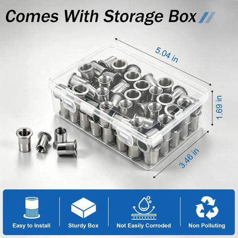Built Tough 304 Stainless Steel Rivnuts 5/16 Flat Head Knurled Nutserts in storage box for auto frame repair.