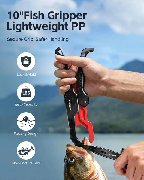 Person using 10-inch fish gripper from 7 Piece Fishing Tools Kit With Fillet Knife Split Ring Pliers Braid Scissors Fish Gripper 35 Inch Ruler Sharpener And Lanyard For Saltwater And Freshwater Go To Gear Gift For Men to hold fish