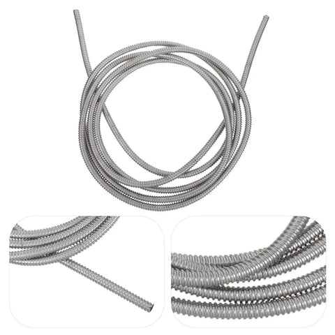 Rock Solid Stainless Steel Electrical Wire Conduit Flexible Corrugated Cable Sleeve Cover Quick Install Wiring Loom Protection No Fuss Cord Protector, coiled tubing with corrugated texture.