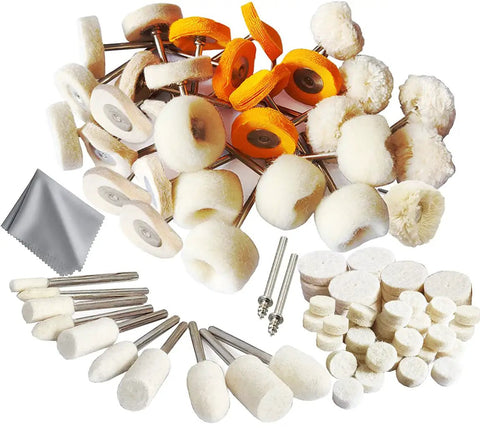 78 Piece Polishing Buffing Wheel Kit for Rotary Tools With Assorted Sizes And Shapes Felt Wool Cotton Pads One Eighth Inch Shank One Inch And One Half Inch Diameters Ideal For Polishing Grinding And Finishing Projects
