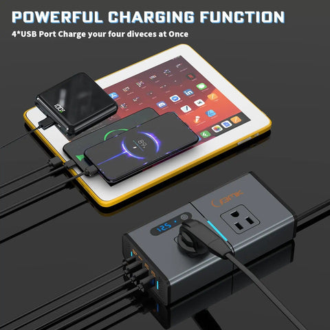 Road Trip Ready 200W 7 In 1 Car Power Inverter Converts 12V DC To 110V AC With Dual AC Outlets charging devices