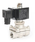 Front view of Stainless Steel Half Inch Solenoid Valve, Normally Open, 110 To 120V AC, 145 PSI Electric Valve for water, air, diesel