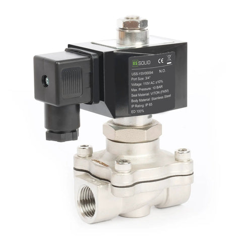 Front view of Stainless Steel Half Inch Solenoid Valve, Normally Open, 110 To 120V AC, 145 PSI Electric Valve for water, air, diesel