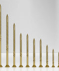 Side view of multi-purpose wood deck screws number nine by two and a half inch bugle head golden coating T25 torx star drive