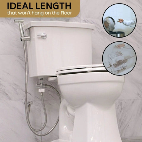 47 Inch Stainless Steel Bidet Hose Replacement Kit With Brushed Nickel Finish installed next to a toilet.