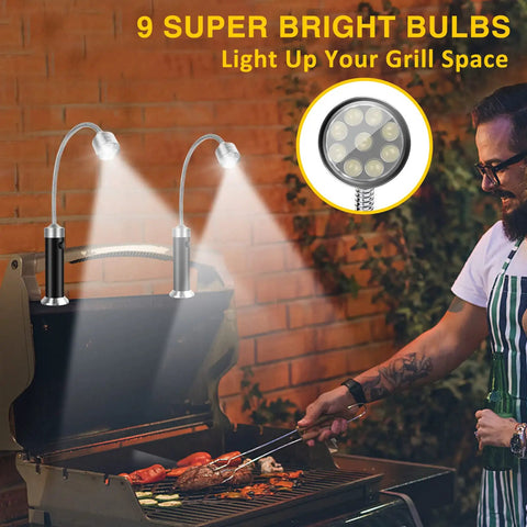 Grill lights for night barbecues with magnetic base 360 degree gooseneck super bright LED mounted on grill, illuminating food