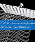 High Pressure Square Shower Head Kit with rainfall spray, showing silicone nozzles and chrome finish