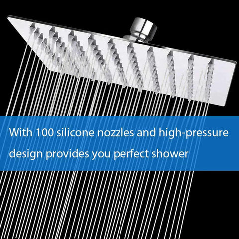High Pressure Square Shower Head Kit with rainfall spray, showing silicone nozzles and chrome finish