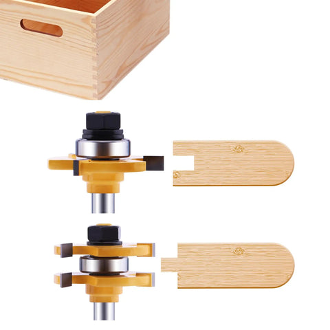 No Nonsense Tongue And Groove Router Bit Set With T Shape And 1/4 Inch Shank, highlighting precision cutters and matching tongue detail.