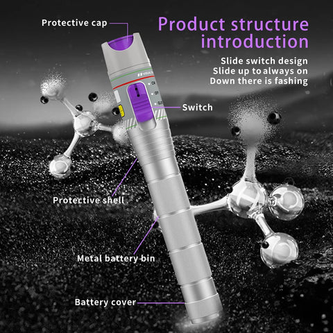 Purple visual fault locator pen for fiber optic cables, metal body, Amazon BISS brand.