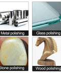 Image showing examples of metal, glass, stone, and wood polishing using 4 Inch Wool Felt Polishing Pad Buffing Wheel Kit for Drill.