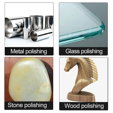 Image showing examples of metal, glass, stone, and wood polishing using 4 Inch Wool Felt Polishing Pad Buffing Wheel Kit for Drill.