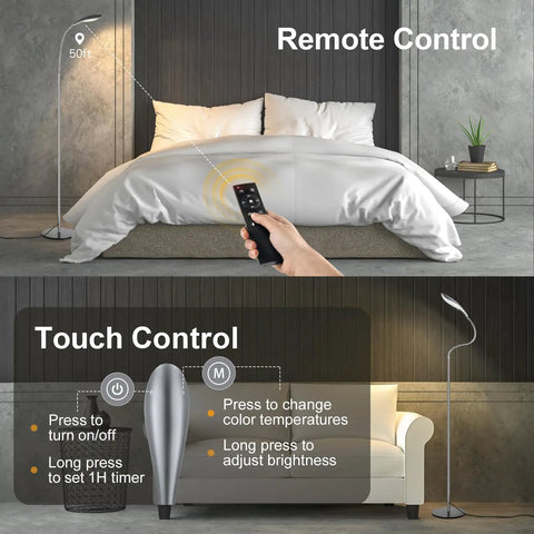 Remote and touch control features for Bright LED Floor Lamp With 12W 1080LM Dimmable Adjustable Gooseneck Reading Light Four Color Temperatures Remote And Touch Control 1 Hour Timer And Memory Function Great For Reading In Living Room Bedroom Or Office Gray