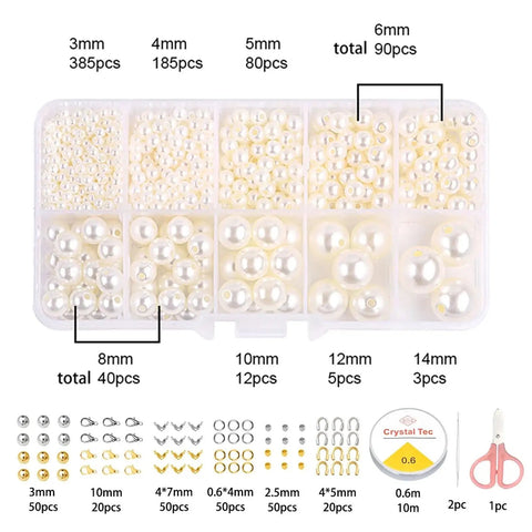 Butter Smooth Imitation Pearl Spacer Beads Kit With 10 Boxes Of 3 To 14 Mm Assorted Sizes For Diy Jewelry Making Craft Supplies And Hobby Projects Includes Beige Tool Set - assorted pearl beads in compact storage box.