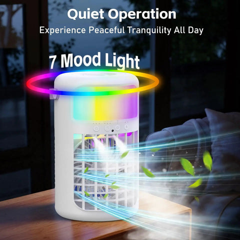 Game Changer 4 In 1 Portable Air Conditioner Humidifier Fan With Remote showing 7-color night light effect