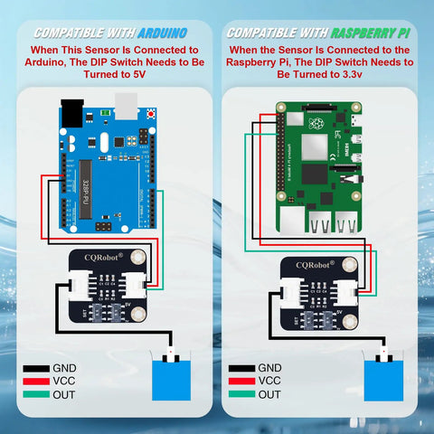 Diagram showing Capacitive Non-Contact Liquid Level Sensor connections for Arduino and Raspberry Pi with adjustable sensitivity.