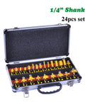 Tough As Nails 24 Piece Straight Router Bit Set With Quarter Inch Shank And Razor Carbide Cutters in heavy duty storage case.