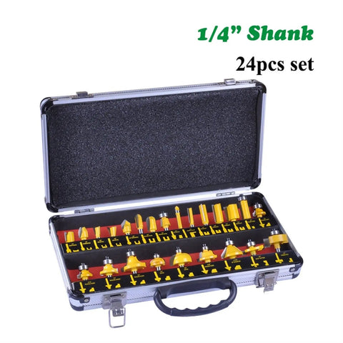 Tough As Nails 24 Piece Straight Router Bit Set With Quarter Inch Shank And Razor Carbide Cutters in heavy duty storage case.