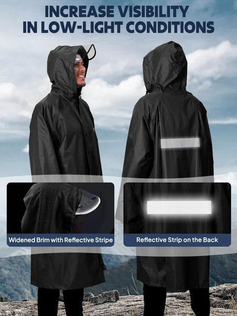 Two models wearing a black waterproof rain jacket for men and women, with reflective strips and a widened brim, front and back view.