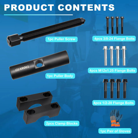 Contents of Heavy-Duty Yoke Puller And Removal Tool Kit For Commercial Trucks And Semi Trucks showing parts and sizes