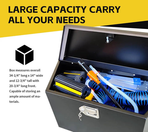 Open 34 Inch Steel Trailer Tongue Box A Frame Storage Chest With Lockable Latch showing interior with tools and accessories.