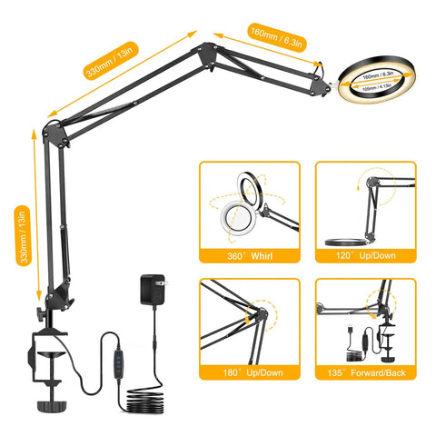 All In One Magnifying Glass With Light Desk Lamp 8X Magnification, 3 Section Swing Arm, 18W big clamp, adjustable angles