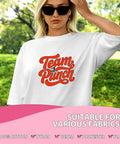 Woman wearing white shirt with 'Team Punch' design, showcasing Dope Viral Monkey DTF Transfers Pack For DIY Tees And Shirts 7x7