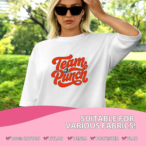 Woman wearing white shirt with 'Team Punch' design, showcasing Dope Viral Monkey DTF Transfers Pack For DIY Tees And Shirts 7x7