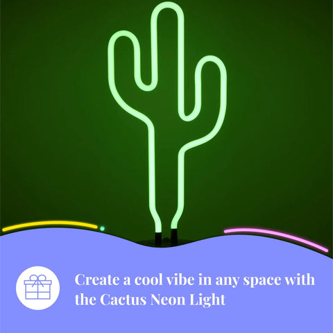 Green Neon Cactus Desk Light That Is Lit For Any Room, glowing cactus-shaped LED lamp against a dark background.