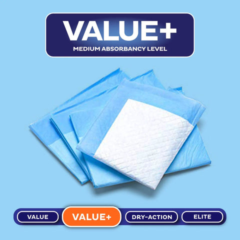 Ultra Absorbent Disposable Adult Underpads Variety Pack Featuring Quilted Top Sheet For Sure Fire Leak Defense And Zero Odor Worry Keep You Comfy And Protected Straight Up All Night Long - medium absorbency underpads in blue.