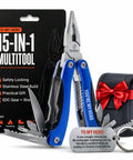 Engraved Fifteen In One Multitool And Keychain Set Stainless Steel Locking EDC Gear with blue handles displayed next to gift box.