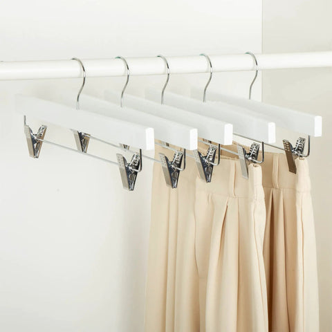 Solid Construction Wooden Pants And Skirt Hangers With Secure Grip Clips 10 Pack White Closet Organizer System To Keep Your Look Fresh And Your Setup Locked In