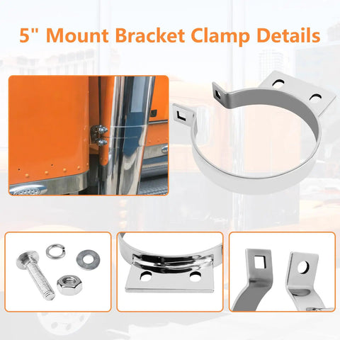 5 Inch Exhaust Stack Mounting Bracket Kit For Peterbilt 379 359 1987 1993 Heavy Duty Silver Finish with Chrome Clamps and Bolts
