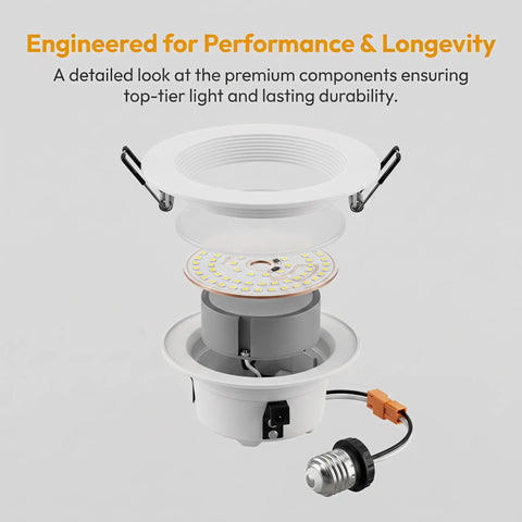 12 Pack 4 Inch Retrofit LED Recessed Lighting with E26 Adaptor disassembled components showing light fixture and baffle trim.