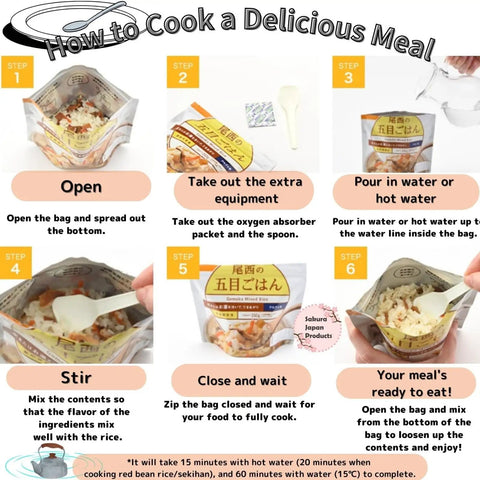 Steps to prepare Instant Mountain Veggie Sansai Okowa Rice Meal Grab And Go For Camping And Emergency Prep Pack Of 3 Each 100g, Japan.