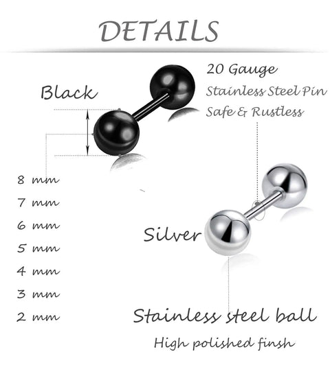 14 Pairs Stainless Steel Ball Stud Earrings Set For Cartilage Tragus Helix Piercing Barbell Style 2 To 8 Millimeter Range Silver And Black Tones For Men And Women Everyday Wear Dope Mix And Match, black and silver 20 gauge ball studs